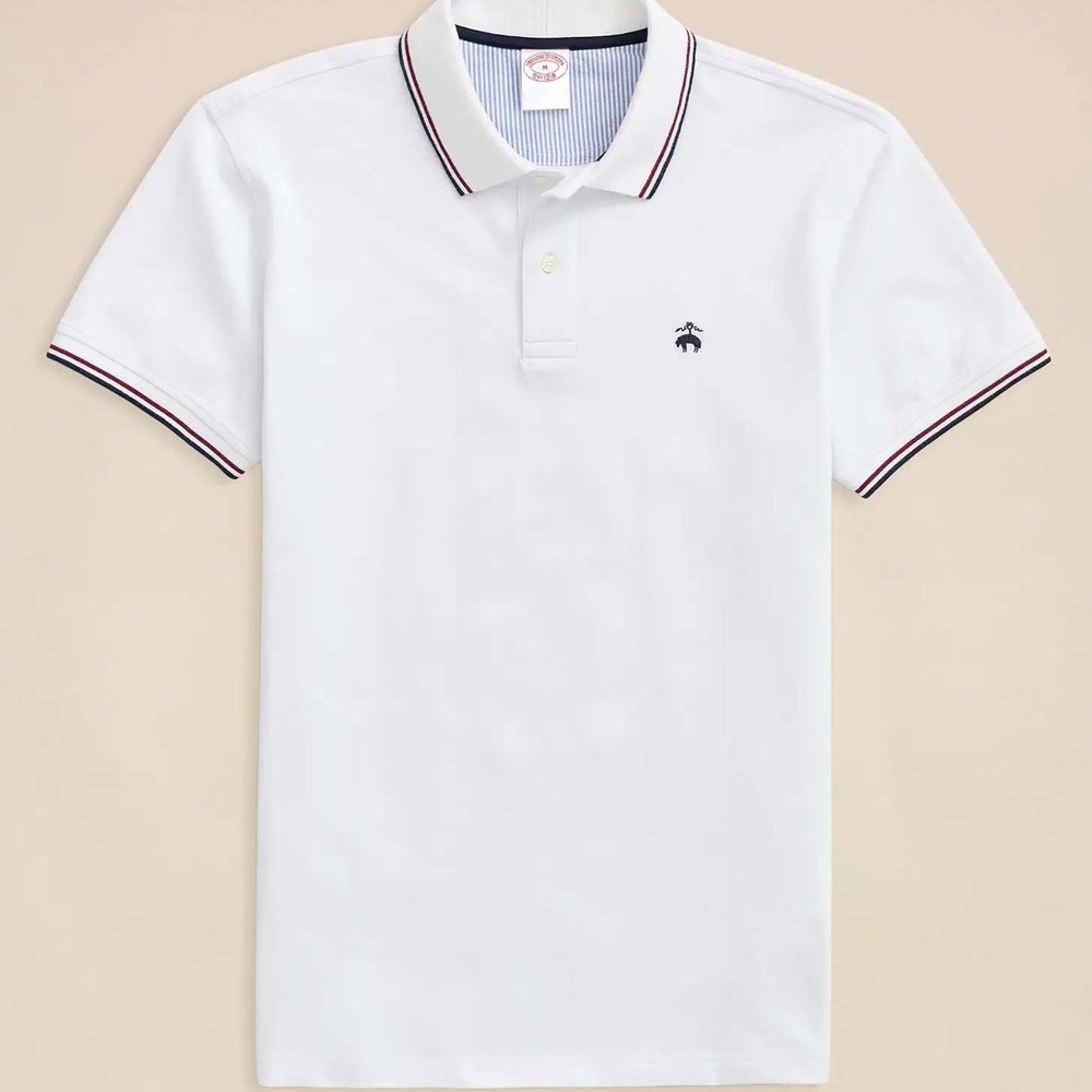 Brooks Brothers Mens Slim Fit Cotton Pique Polo Shirt White Tipped XL NEW